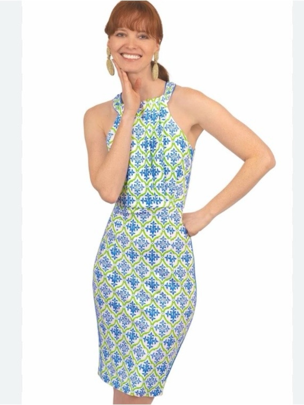 Gretchen Scott Blue Green Tile Print Halter Sheath Dress Sz M Preppy Chic